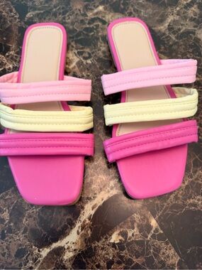 Colorful Triple Strap Slide Sandals Women’s Size 36 US 5.5-6 Pink Yellow Square
